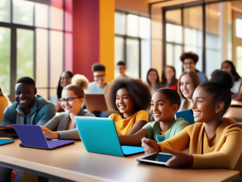Aprendizaje interactivo: estudiantes diversos participando en una emocionante sesión de elearning Un grupo diverso de estudiantes participa entusiasmado en una lección virtual