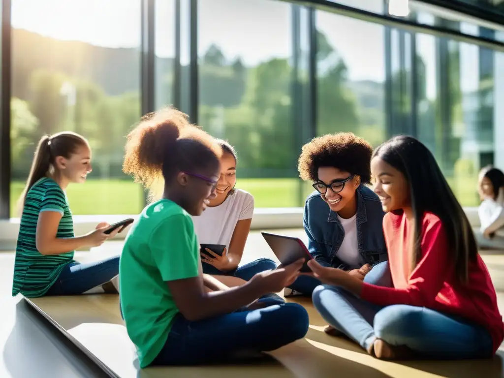 Un grupo diverso de estudiantes utiliza con entusiasmo apps educativas en una moderna aula, mostrando los beneficios de las apps educativas