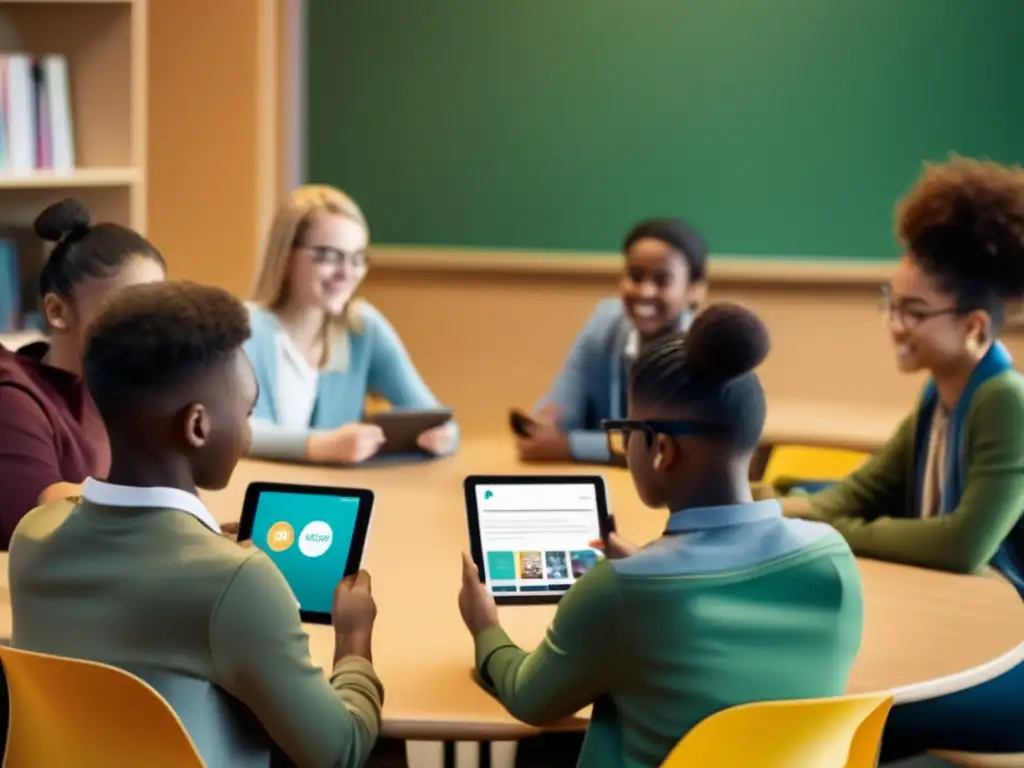 Un grupo diverso de estudiantes utiliza con entusiasmo apps educativas en una moderna aula, resaltando los beneficios de estas herramientas