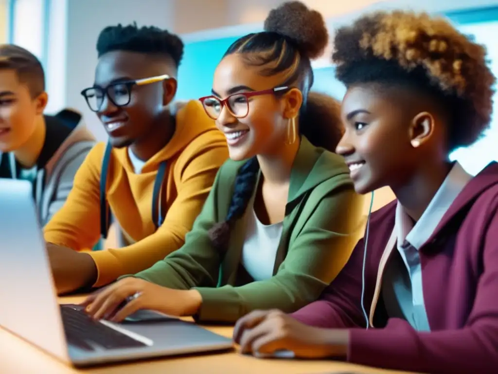 Un grupo diverso de estudiantes trabaja con entusiasmo en software de edición de video escolar, en un aula luminosa y dinámica