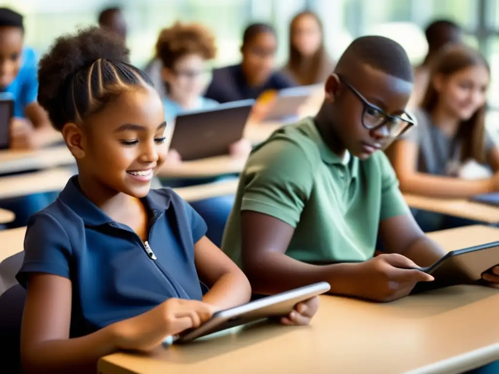 Estudiantes comprometidos y entusiasmados utilizando aplicaciones de tutoría adaptativa en una aula moderna Un grupo diverso de estudiantes usa con entusiasmo apps de tutoría adaptativa personalizada en una moderna aula iluminada con luz natural