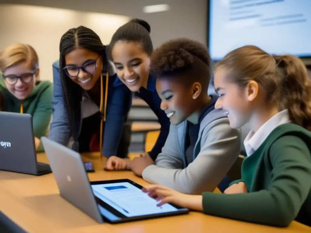 Un grupo diverso de estudiantes entusiastas colabora en un proyecto digital, aprovechando los beneficios del Aprendizaje Basado en Proyectos Digitales