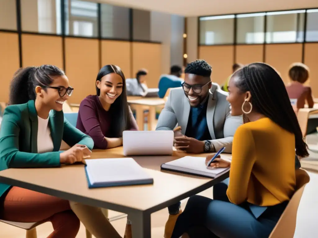 Un grupo diverso de estudiantes entusiastas se reúne alrededor de una elegante mesa, discutiendo y compartiendo ideas sobre cálculo integral avanzado para tutorías especializadas