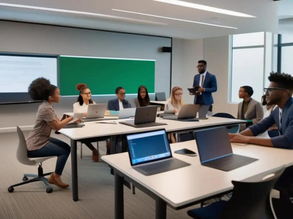 Estudiantes colaborativos en aula tecnológica: La integración de habilidades blandas en la educación digital Un grupo diverso de estudiantes trabajando en equipo en un aula moderna, rodeados de tecnología de vanguardia