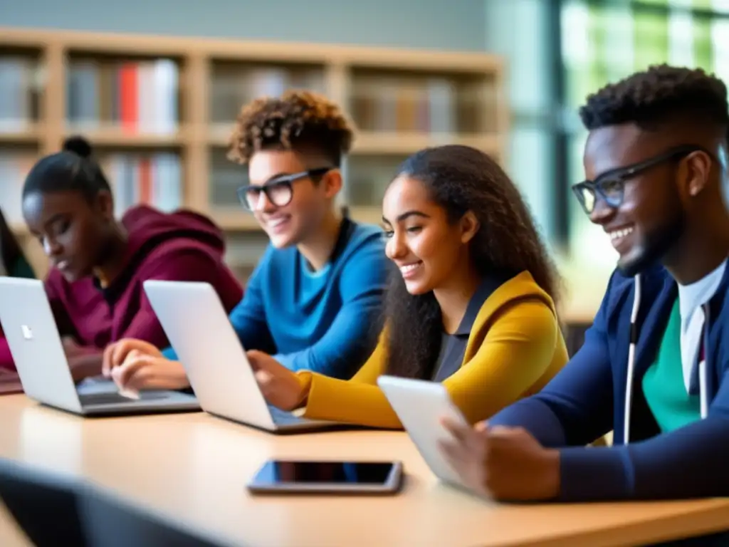 Un grupo diverso de estudiantes se reúne en un espacio de estudio bien iluminado, lleno de dispositivos tecnológicos