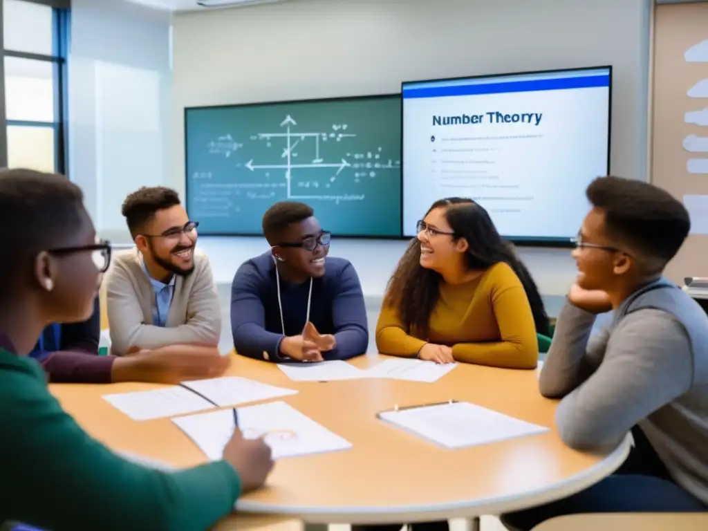 Un grupo diverso de estudiantes discute animadamente estrategias efectivas en Teoría de Números en un aula iluminada, rodeados de ecuaciones y diagramas en una pizarra digital