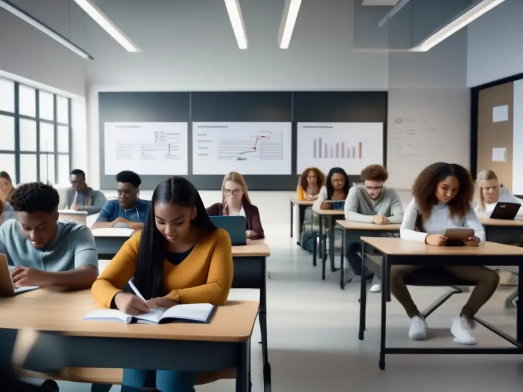 Un grupo diverso de estudiantes se sumerge en sus estudios en un aula moderna