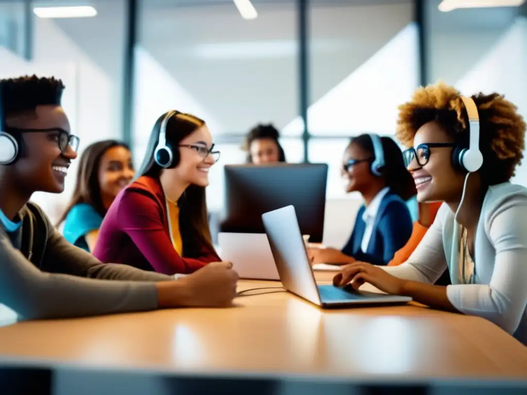 Un grupo diverso de estudiantes participa activamente en un foro educativo online, inmersos en estrategias de aprendizaje digital