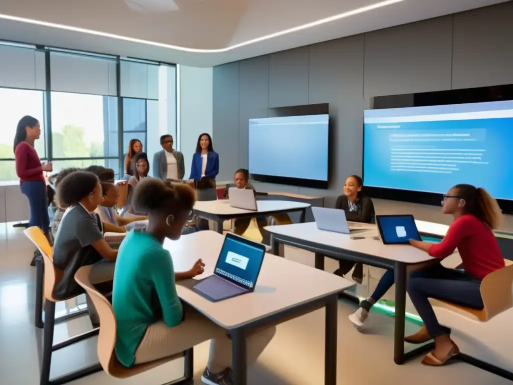 Innovación educativa: estudiantes colaboran en experiencia digital Un grupo diverso de estudiantes utiliza herramientas digitales para adaptabilidad curricular en una sala llena de luz natural