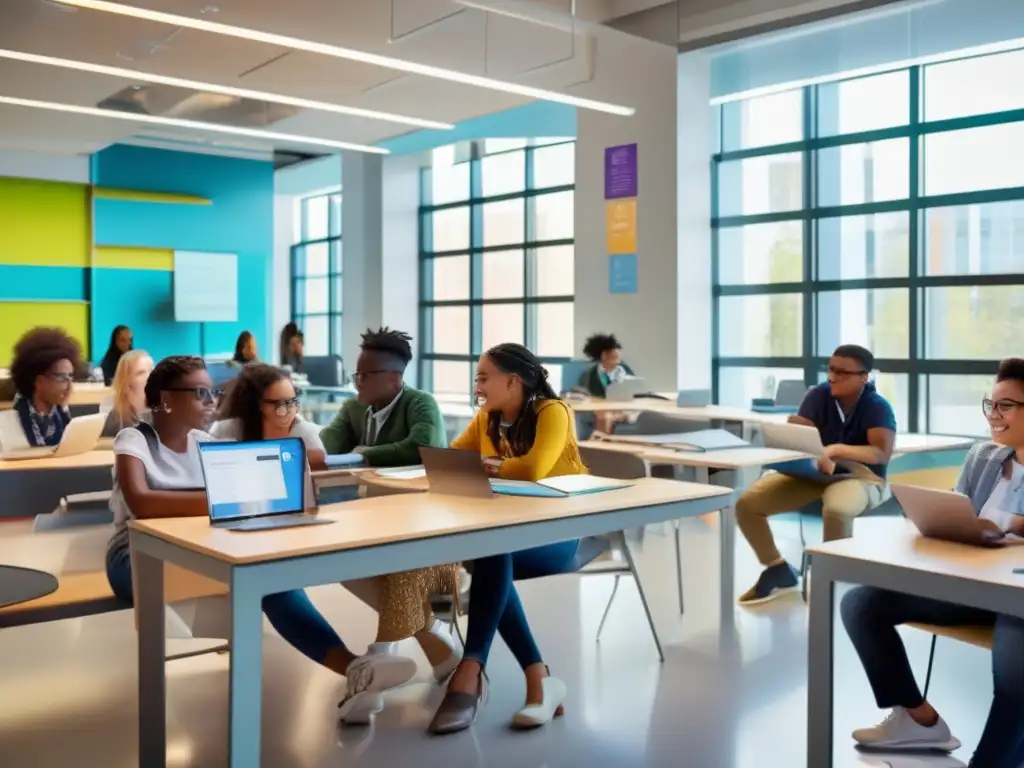 Un grupo diverso de estudiantes se encuentra inmerso en sus estudios en un aula moderna