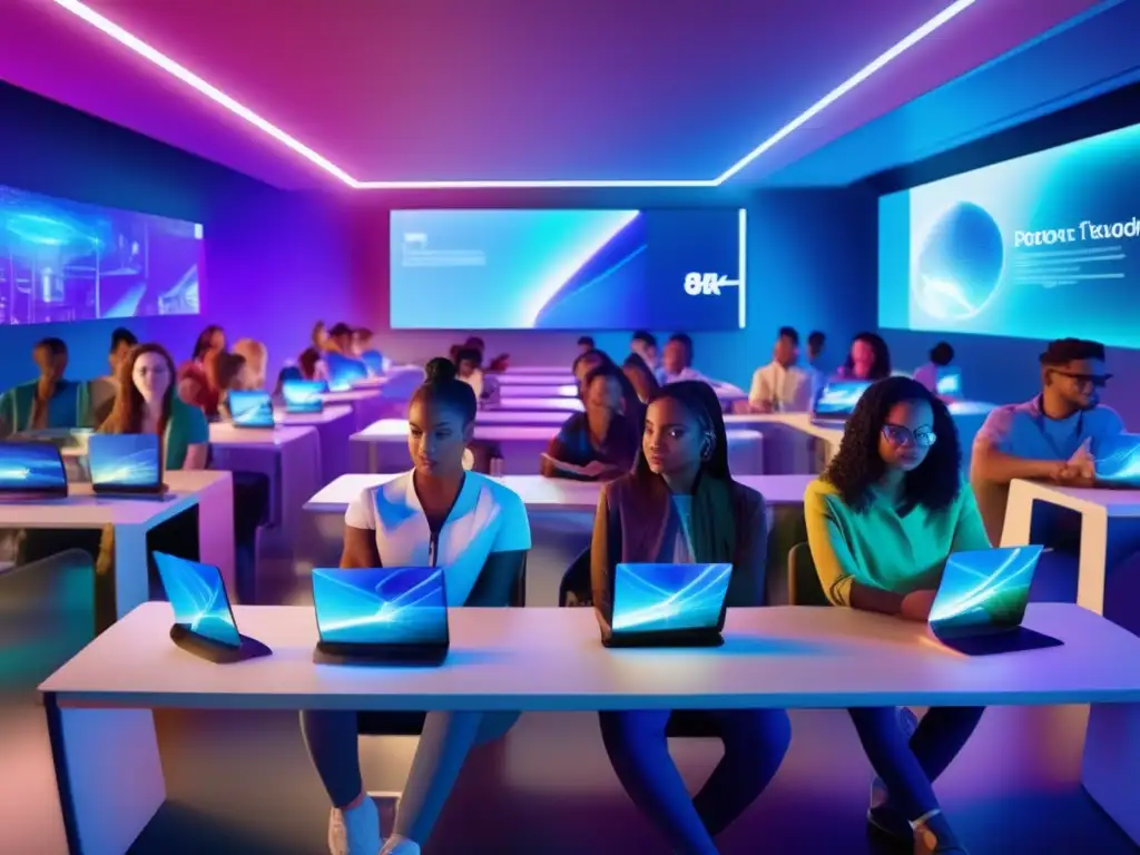 El aula del futuro: Estudiantes diversos explorando disciplinas en un entorno tecnológico e innovador Un grupo diverso de estudiantes se encuentra inmerso en un aula futurista, rodeados de tecnología vanguardista