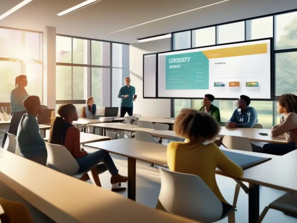 Un grupo diverso de estudiantes se encuentra inmerso en una apasionante discusión en un aula moderna, rodeados de tecnología innovadora