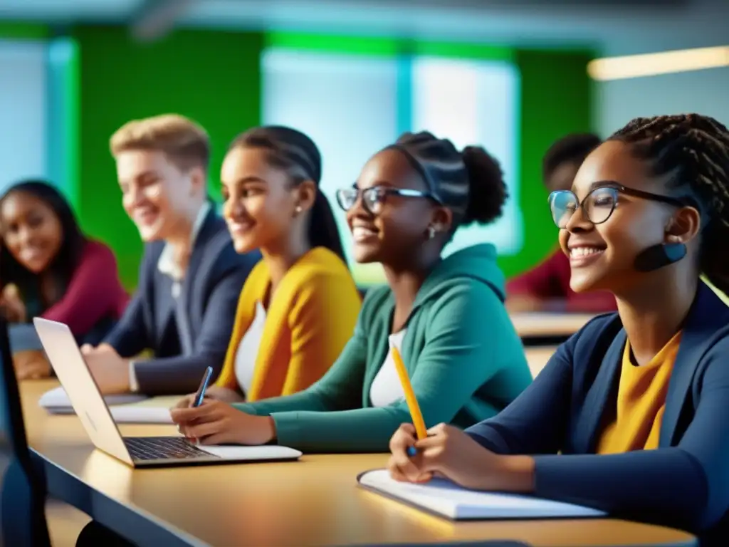 Un grupo diverso de estudiantes inmersos en actividades de aprendizaje personalizado en un aula moderna y tecnológica