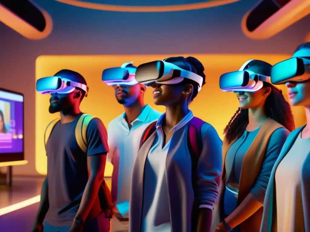 Un grupo diverso de estudiantes inmersos en un entorno educativo virtual de Realidad Aumentada