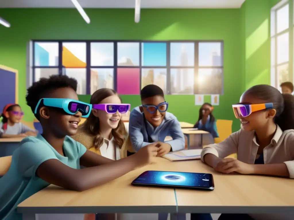 Un grupo diverso de estudiantes inmersos en una experiencia cautivadora de Realidad Aumentada educativa: Tendencias y desafíos