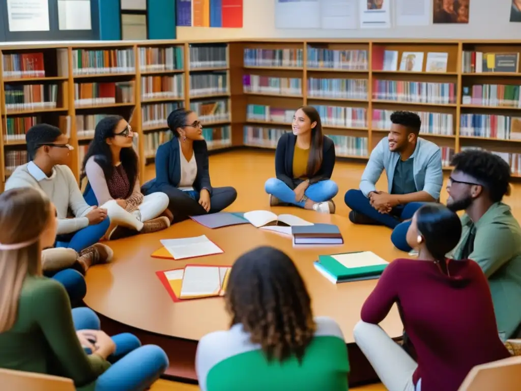 Un grupo diverso de estudiantes discute animadamente literatura latinoamericana en un aula acogedora