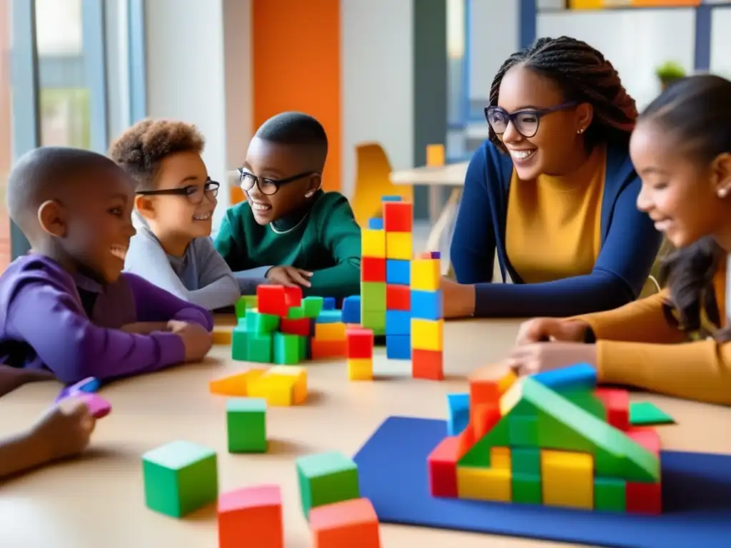 Un grupo diverso de estudiantes discute y usa manipulativos coloridos para resolver problemas matemáticos