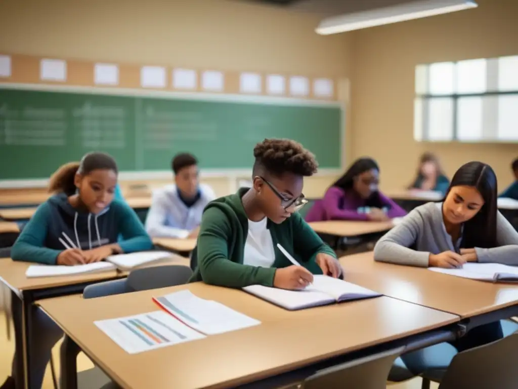 Un grupo diverso de estudiantes se reúne alrededor de una mesa en un aula moderna, resolviendo problemas matemáticos juntos