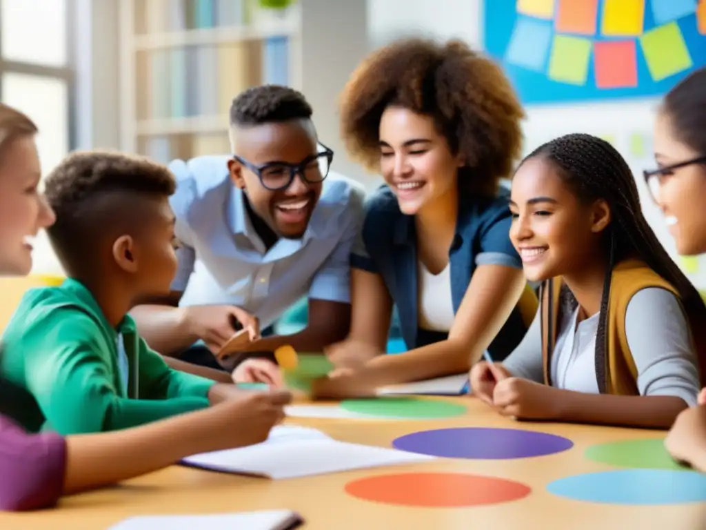 Un grupo diverso de estudiantes colabora activamente en una mesa circular, discutiendo y utilizando diferentes recursos educativos