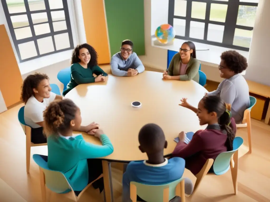 Un grupo diverso de estudiantes se reúne alrededor de una mesa en un aula luminosa, participando activamente en un proyecto colaborativo