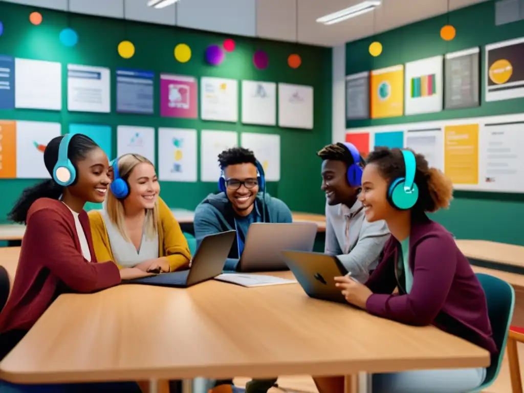 Un grupo diverso de estudiantes se reúne alrededor de una mesa circular en una sesión virtual de tutoría