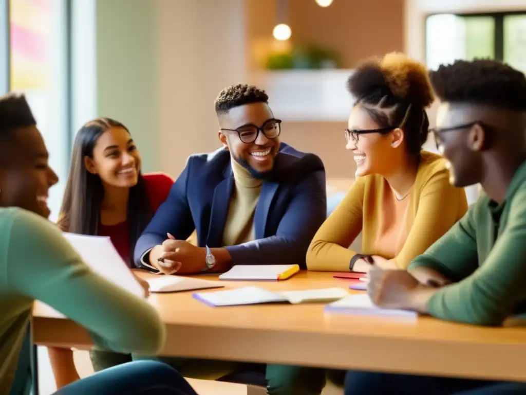 Un grupo diverso de estudiantes se reúne alrededor de una mesa en una sala de estudio luminosa, participando en una animada discusión con su tutor