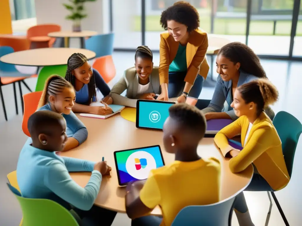 Un grupo diverso de estudiantes se reúne alrededor de una mesa circular, cada uno con una tablet o laptop