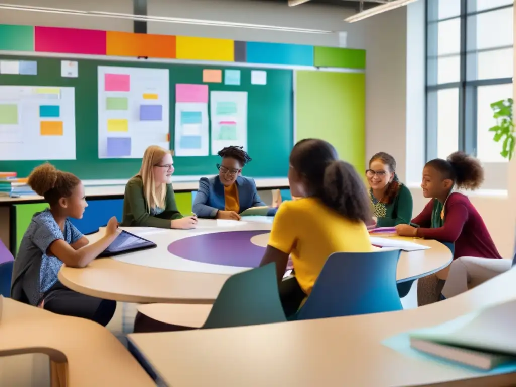 Un grupo diverso de estudiantes se reúne alrededor de una mesa circular en un aula moderna con grandes ventanales
