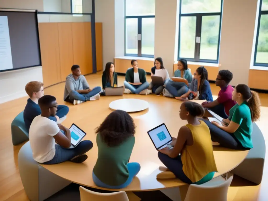 Un grupo diverso de estudiantes se reúne alrededor de una mesa circular, cada uno con su propio dispositivo electrónico