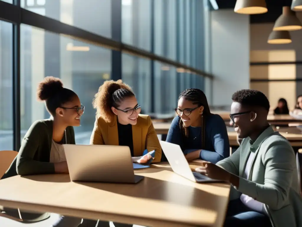 Un grupo diverso de estudiantes se reúne alrededor de una mesa moderna, con laptops y tablets