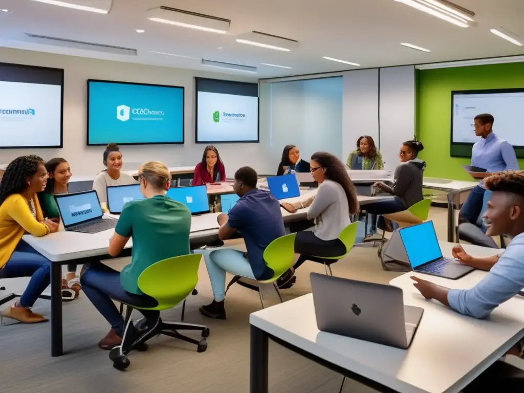 Jóvenes colaborativos en aula digital: integrando habilidades del siglo XXI Un grupo diverso de estudiantes se reúne alrededor de una mesa en un aula moderna