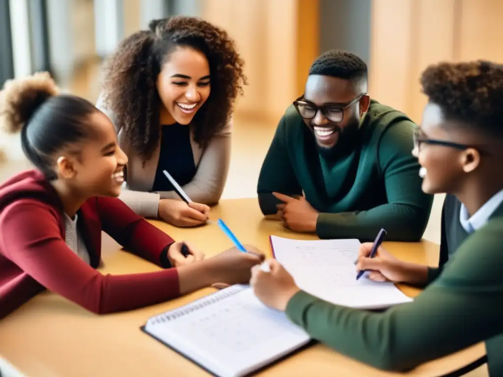 Un grupo diverso de estudiantes se reúne alrededor de una mesa circular, resolviendo problemas matemáticos juntos