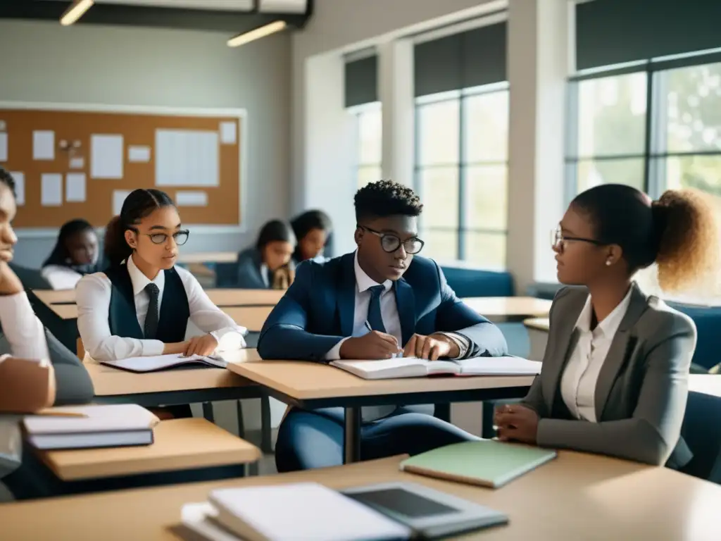 Un grupo diverso de estudiantes se reúnen alrededor de una mesa, resolviendo problemas matemáticos