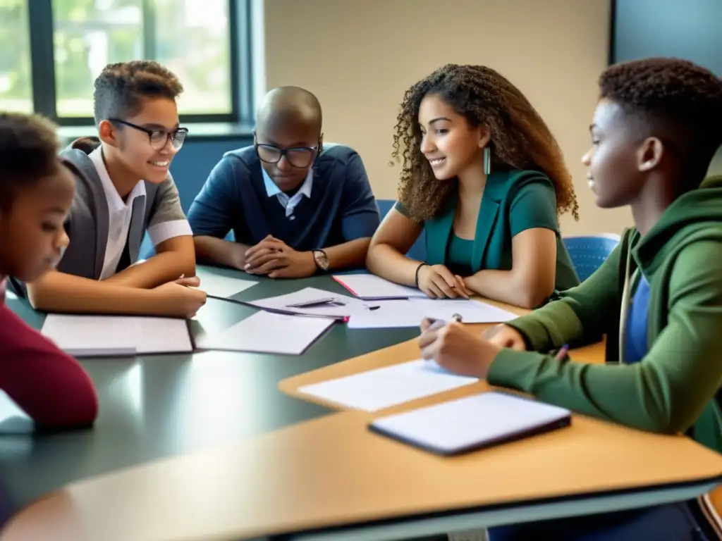 Un grupo diverso de estudiantes se reúne alrededor de una mesa, resolviendo problemas matemáticos con determinación y colaboración