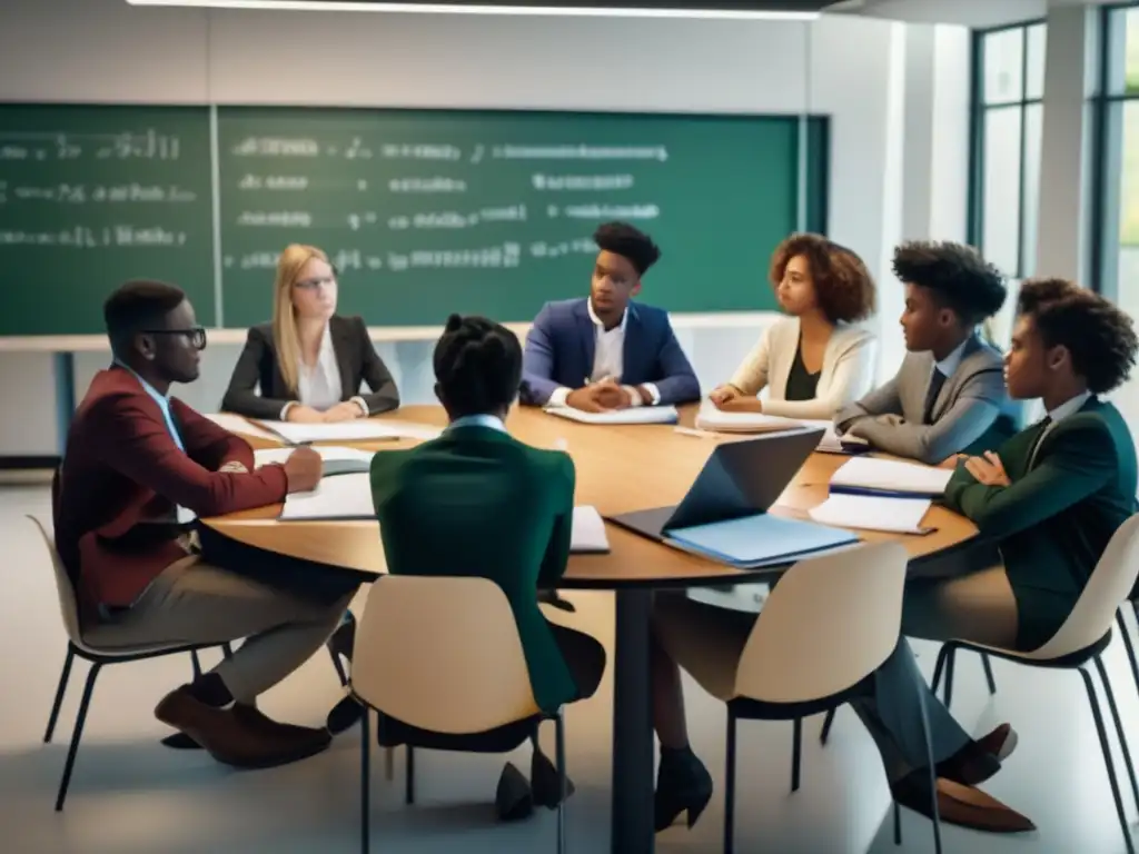 Un grupo diverso de estudiantes se reúne alrededor de una mesa redonda en un aula moderna