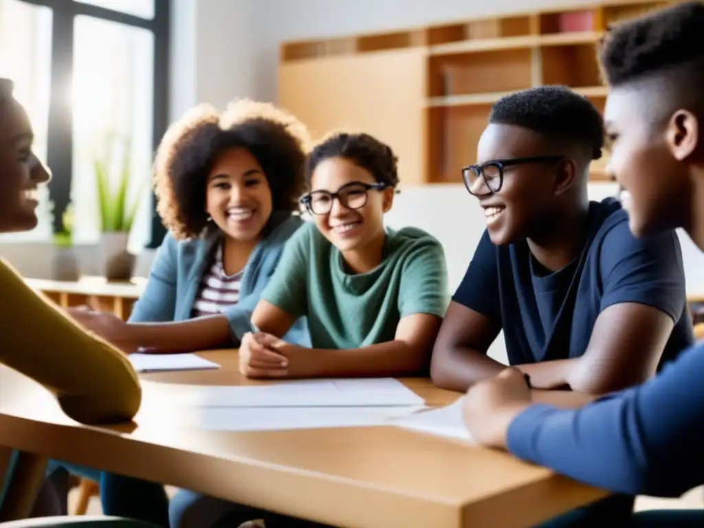 Un grupo diverso de estudiantes se reúne alrededor de una mesa, participando en una animada discusión con su tutor de matemáticas especializado