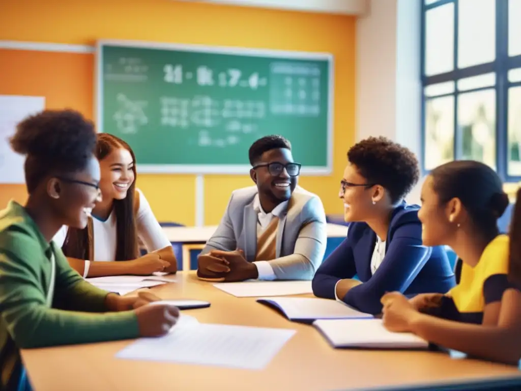 Un grupo diverso de estudiantes se reúne alrededor de una mesa en un aula luminosa