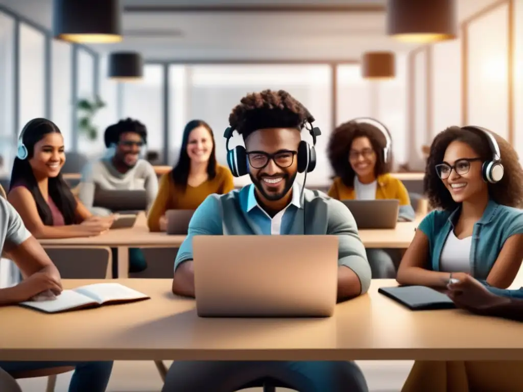 Estudiantes entusiastas participando en una aula virtual ultradetallada 8K Un grupo diverso de estudiantes participa activamente en una moderna y elegante aula virtual