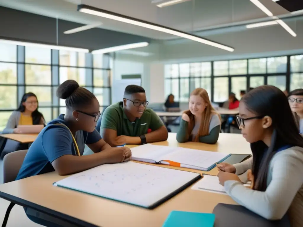 Un grupo diverso de estudiantes se concentra en resolver problemas matemáticos aplicados en un moderno salón de clases