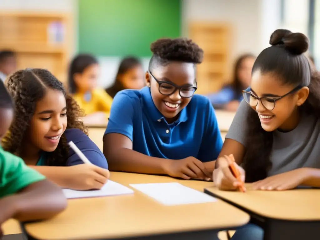 Un grupo diverso de estudiantes colabora y resuelve problemas en un aula moderna, resaltando la importancia del aprendizaje situado en tutorías