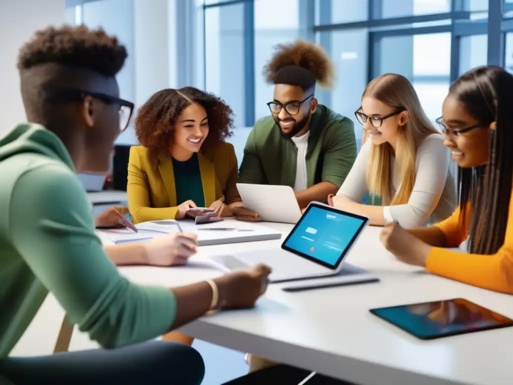 Inspiradora colaboración estudiantil en diseño gráfico: creatividad y tecnología se unen Un grupo diverso de estudiantes colabora en un proyecto de diseño gráfico