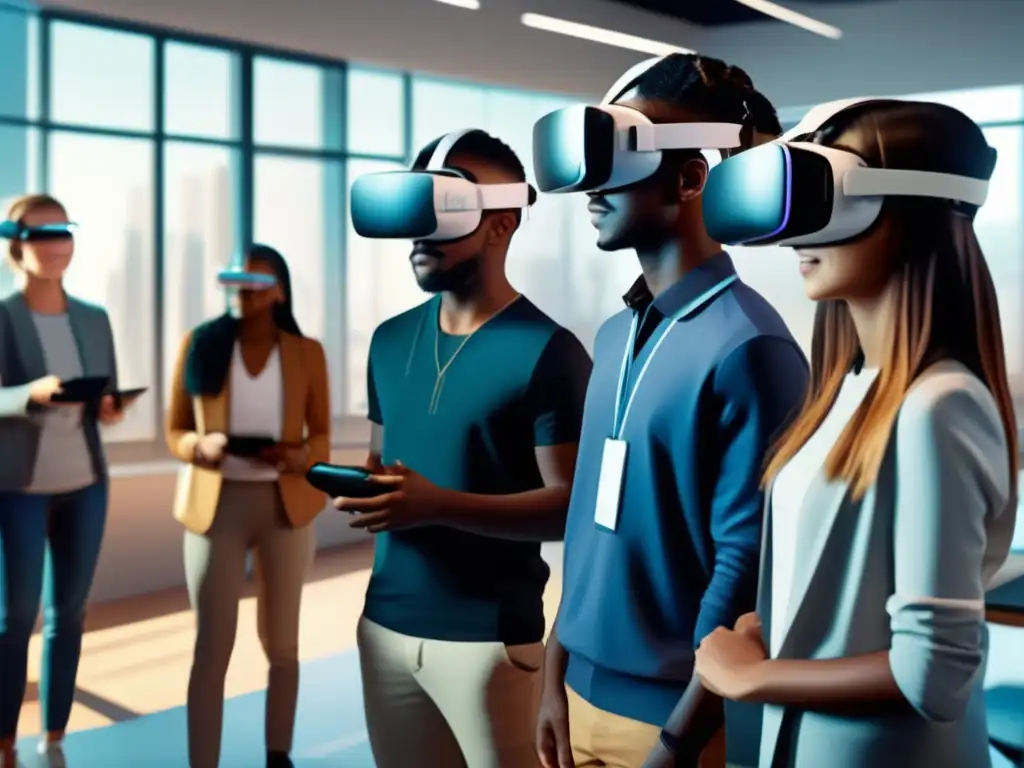 Un grupo diverso de estudiantes colabora en un proyecto digital futurista, usando tecnología de realidad virtual en un aula moderna y luminosa