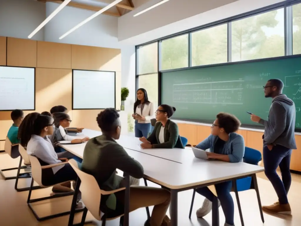 Un grupo diverso de estudiantes colaborando en la resolución de problemas matemáticos aplicados