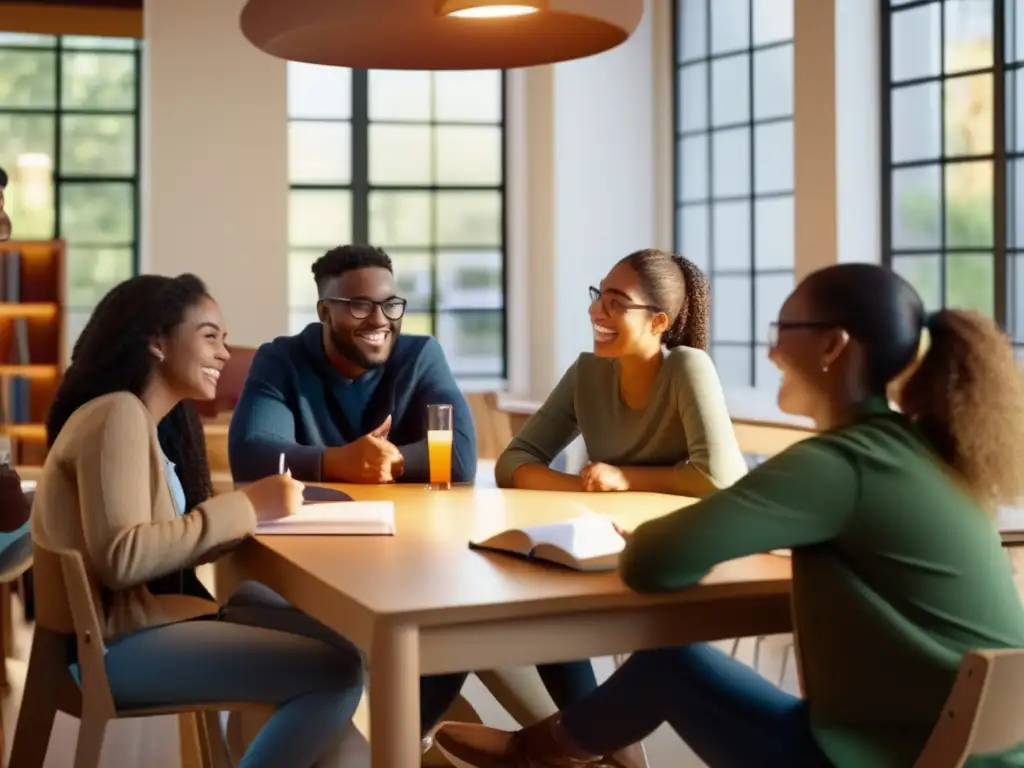 Un grupo diverso de estudiantes se reúne en una sala de tutorías vibrante y cómoda