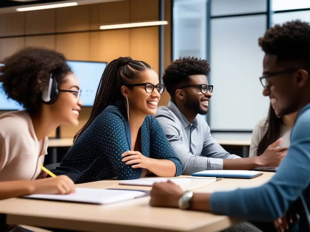 Un grupo diverso de estudiantes se reúne en una sala de tutorías moderna y luminosa