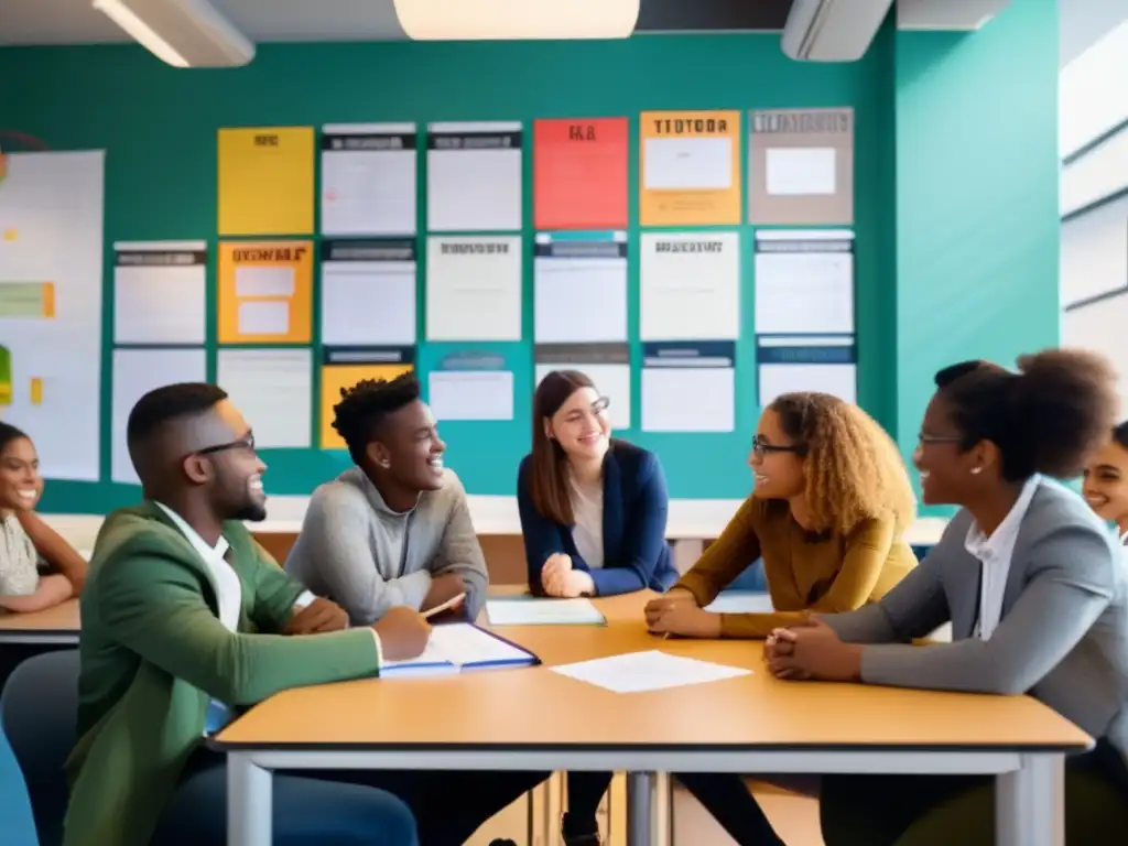 Un grupo diverso de estudiantes se reúne en una sala de clase moderna, rodeados de afiches educativos vibrantes