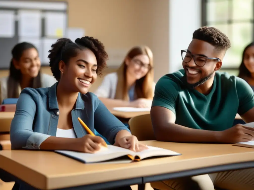 Un grupo diverso de estudiantes participa activamente en una sesión de tutoría especializada, disfrutando de un ambiente cálido y acogedor