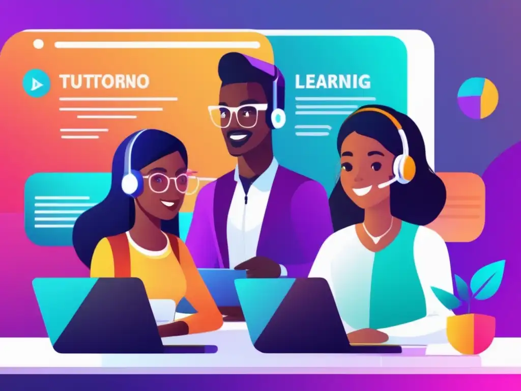Un grupo diverso de estudiantes participa activamente en una sesión de tutoría virtual en una moderna plataforma de redes sociales educativas