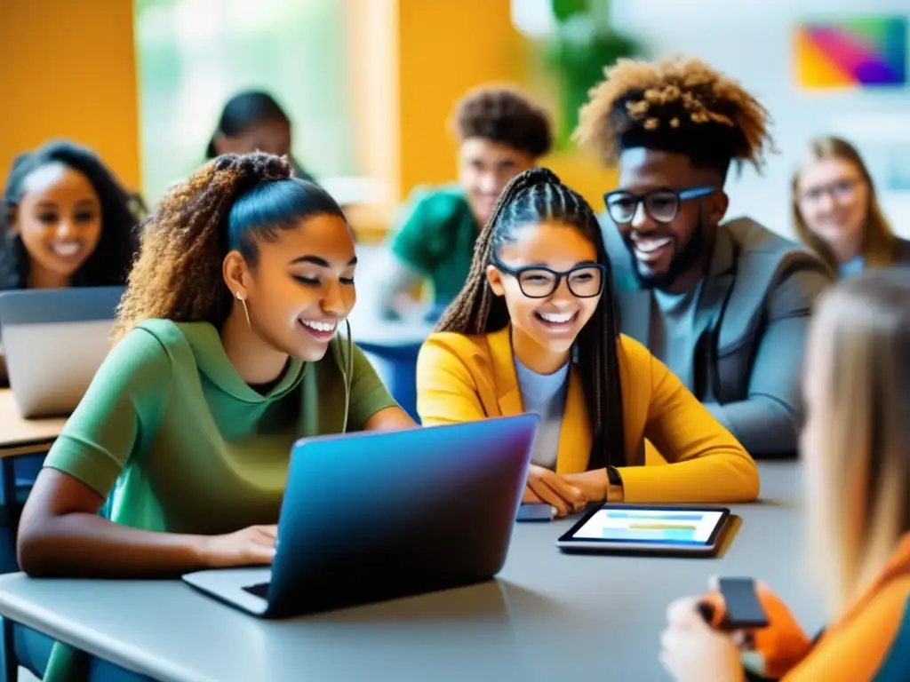 Un grupo diverso de estudiantes colabora en una sesión de aprendizaje en redes sociales educativas, rodeados de tecnología y colores vibrantes