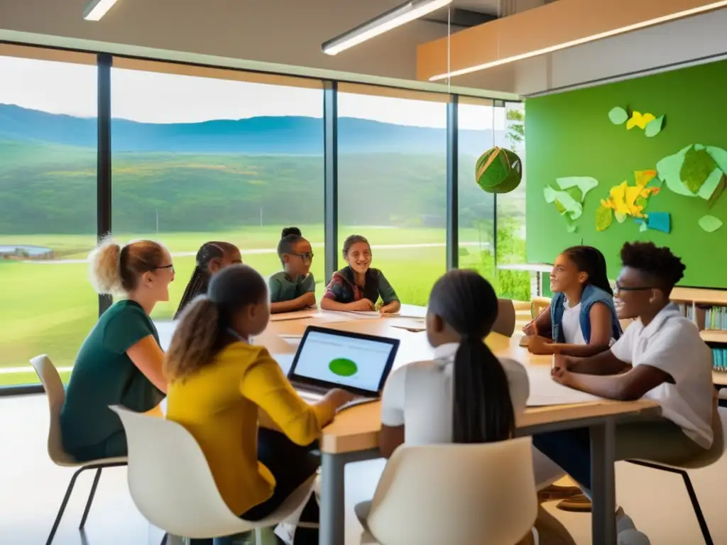 Un grupo diverso de estudiantes participa en una sesión de tutoría especializada en un aula moderna y vibrante, con vista a un paisaje verde